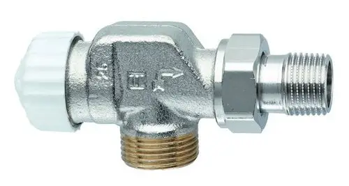 Thermostatventilunterteil aus verchromtem Metall mit Gewinden und einer weißen Kunststoffregelung, hergestellt von IMI Hydronic Engineering.